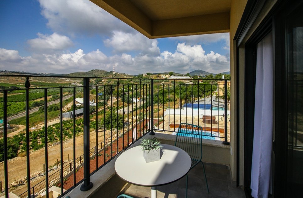 Balcony with a view of the vineyards and the pool